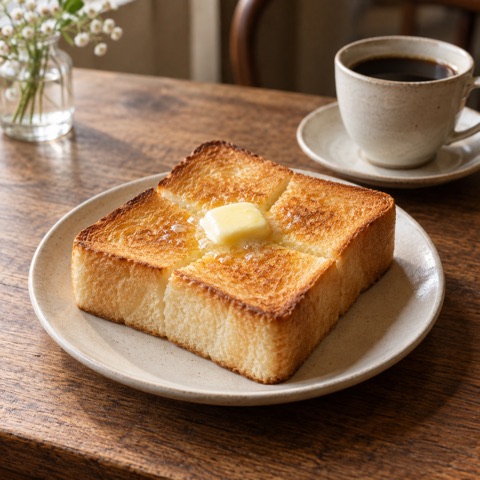 溶けかけたバターをのせた厚切りバタートースト