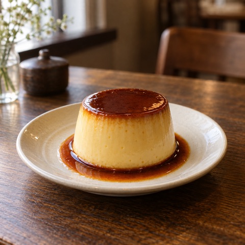 カラメルをまとった自家製プリンを白い皿にのせた一皿