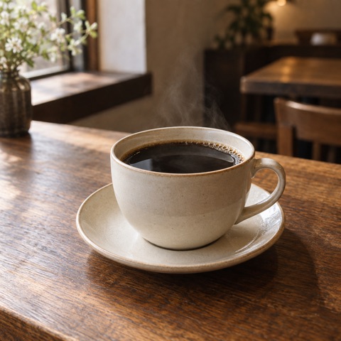 白い陶器のカップに注いだ余白ブレンドコーヒー